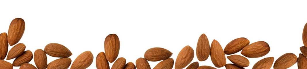 Many almond nuts border isolated on transparent background. Png randomly scattered dry kernels. Top...