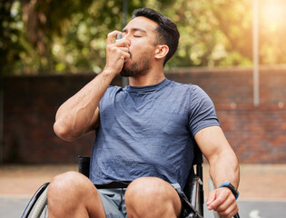 Lung, breathing and asian man in a wheelchair with asthma, pump at outdoor court for health and fitness routine. Breathe, inhaler and male with disability at a park with allergies while training - obrazy, fototapety, plakaty