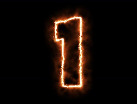 3d render Alphabet number one glowing in the dark orange blue neon light, fiery text numbers electric numbers alphabets
