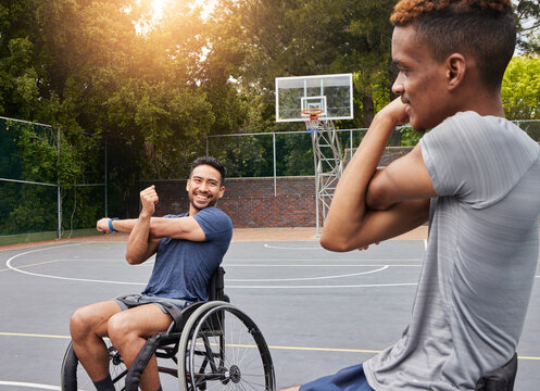 Stretching, wheelchair user and man on basketball court for training, challenge and competition. Fitness, health and teamwork with person with a disability warm up for sports workout, game and start