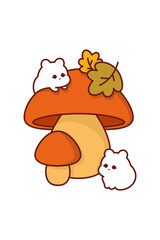 Autumn Kawaii Mushrooms with Cute Characters. Vector autumn kawaii clipart illustration of cute mushrooms surrounded by charming characters and autumn leaves, set on an isolated cut-out background.