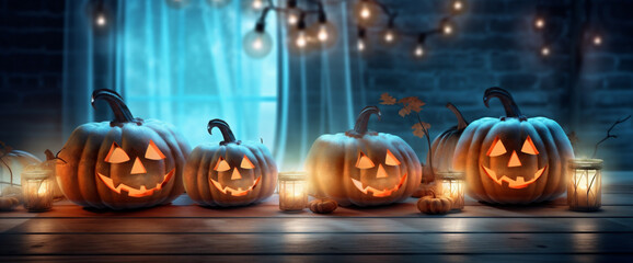 mystery background pumpkin table fear blue halloween evil grave night horror. Generative AI.