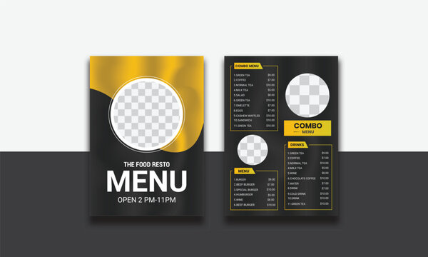 Creative Modern Editable Resturant Menu Card Design Template With Yellow And Black.