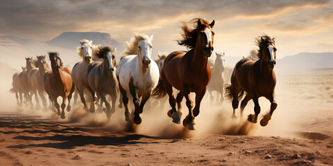  A group of horses running in the desert  - obrazy, fototapety, plakaty