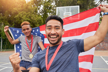 Basketball, champion and usa flag with men and wheelchair user for success, trophy or sports. Training, winner and achievement with portrait of people with a disability for competition and teamwork