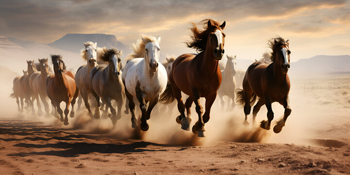  A group of horses running in the desert 