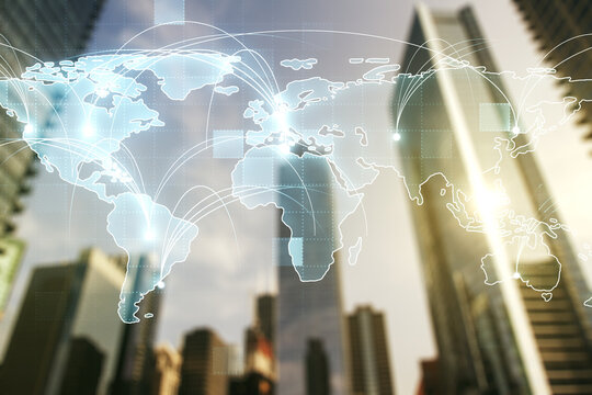 Double exposure of abstract digital world map hologram with connections on blurry cityscape background, big data and blockchain concept - Powered by Adobe