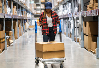 Portrait of smiling african american engineer woman order details checking goods and supplies on shelves with goods background in warehouse.logistic and business export