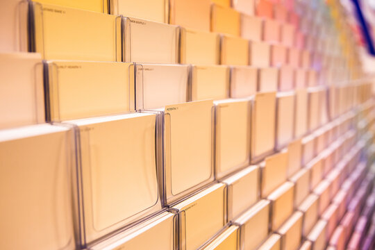 house paint colour samples in a shop