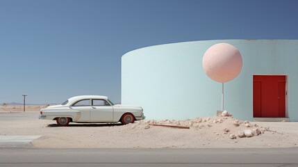 A pristine white retro car is parked against the backdrop of a minimalist building in the desert, under a bright sun. The scene evokes an ambiance of retrofuturism and nostalgia