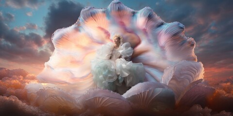 Obraz na płótnie Canvas A fashion model in a white dress, sitting in a giant, fantasy seashell amidst sea foam, set against a sky backdrop. A surreal, conceptual image.