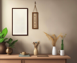 Blank Mock-up poster frame with green houseplant in a home interior. Nature concept Mock Up design template with picture frame for presentation or preview images. Ai Generated.