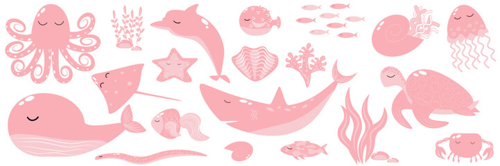 Vector illustration pink trend set marine animals whale shark dolphin octopus stingray crab banner template EPS10