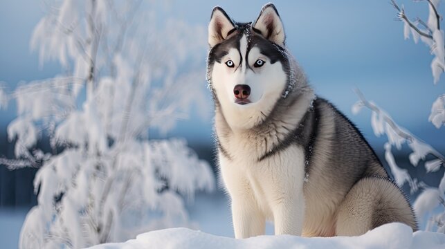 Siberian husky dog outside in a snowy climate