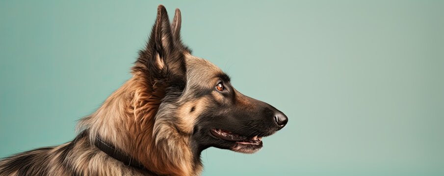 Healthy German shepherd on a solid pastel green background