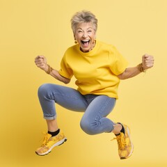 Eccentric senior lady jumping in joy, generative ai