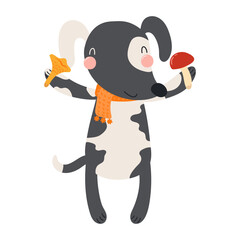 Cute dog in scarf holding mushrooms character illustration. Hand drawn animal, Scandinavian style flat design, isolated vector. Kids autumn, fall print, element, seasonal activity