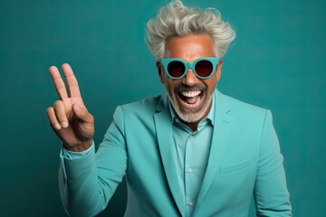 happy enthusiastic eccentric mature man in bright colors, generative ai