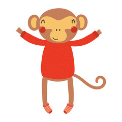Cute monkey wearing sweater, socks character illustration. Hand drawn animal, Scandinavian style flat design, isolated vector. Kids autumn, fall print, element, seasonal activity © Maria Skrigan
