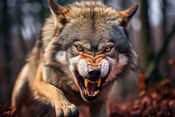 A large wolf snarling at the camera
