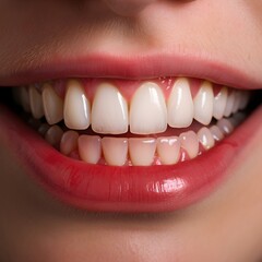 Closeup with perfect female teeth. AI generated.