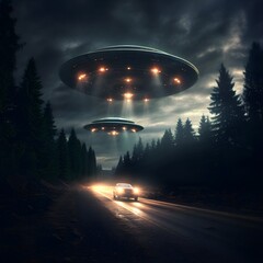 Fototapeta na wymiar Ufo's in the night sky. AI generated.