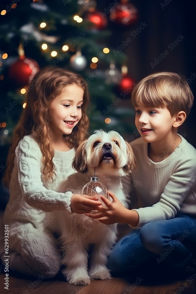 Wall mural family with children and dog Celebrating Christmas at home