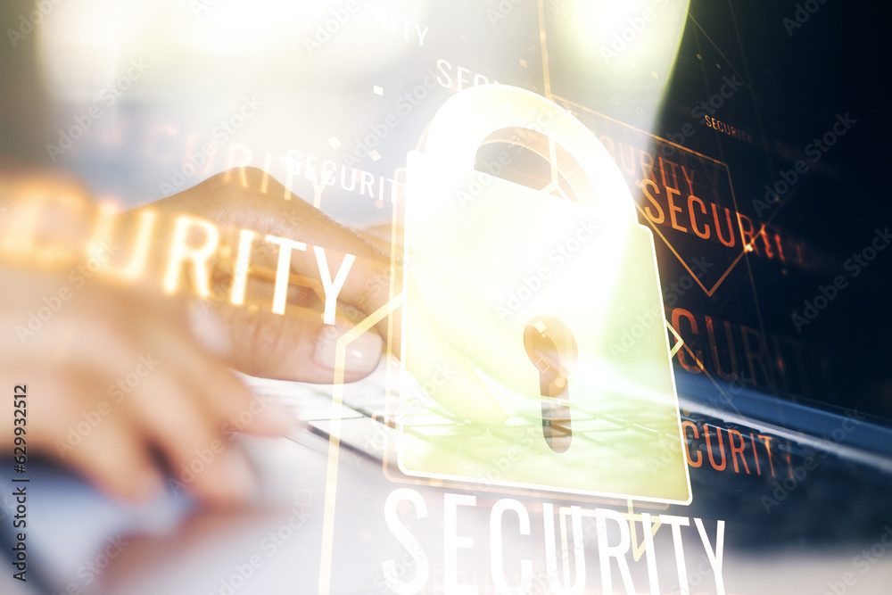 Poster double exposure of creative lock hologram with chip and hands typing on laptop on background. inform