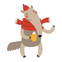 Cute anteater in scarf, hat, holding mug cup character illustration. Hand drawn animal, Scandinavian style flat design, isolated vector. Kids autumn, fall print, element, seasonal activity