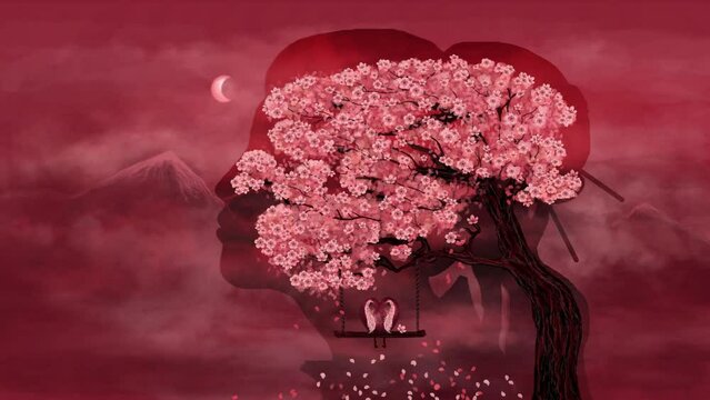 Conceptual art of landscape nature in Japanese style with cherry blossom tree against the backdrop of mountains and human feelings with a heart with wings in pink colors.