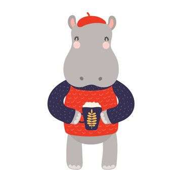 Cute hippopotamus in sweater, beret, character illustration. Hand drawn animal, Scandinavian style flat design, isolated vector. Kids autumn, fall print, element, seasonal activity