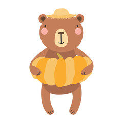 Cute bear in straw hat, holding pumpkin character illustration. Hand drawn animal, Scandinavian style flat design, isolated vector. Kids autumn, fall print, element, seasonal activity