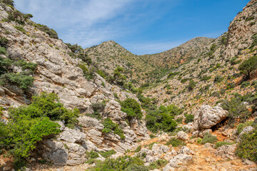View of the hiking trail from Stavros to Katholiko Bay and Gouverneto Monastery, Stavros, Akrotiri district of the city of Chania, Crete, Greece