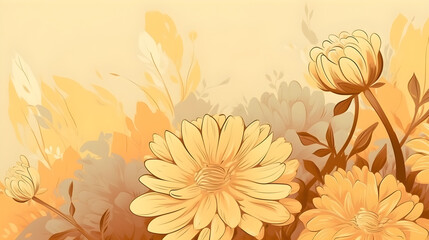 Illustration of Beautiful yellow flowers on blurred background with copy space. Autumn or summer background