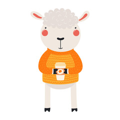 Cute sheep in sweater holding paper coffee cup character illustration. Hand drawn animal, Scandinavian style flat design, isolated vector. Kids autumn, fall print, element, seasonal activity