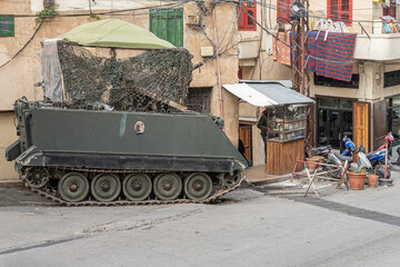 Heavy tank on the street of old town Tripoli, Lebanon