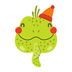 Cute iguana lizard face in knitted hat character illustration. Hand drawn animal, Scandinavian style flat design, isolated vector. Kids autumn, fall print, element, seasonal activity