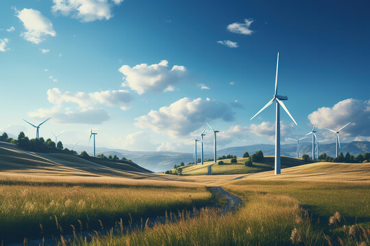 Windmill wind power electricity farm field. Ecology innovation technology vibe.
