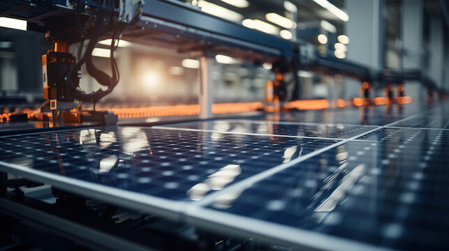 Industrial Robots Arm at Production Line at Modern Bright Factory. Solar Panels or solar cell are being Assembled on Conveyor. Automated Manufacturing Facility