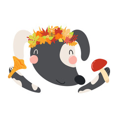 Cute dog in autumn leaves crown holding mushrooms character illustration. Hand drawn animal, Scandinavian style flat design, isolated vector. Kids autumn, fall print, element, seasonal activity