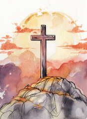 Crucifixion cross stands on the mountain, sunrise. Watercolor illustration. Postcard for Easter, to church, christian symbol