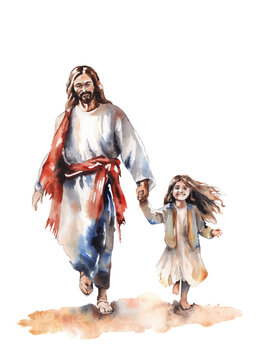 Watercolor illustration. Jesus and little girl,  child on white background. For cards, Easter, christening