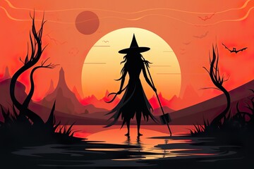 Halloween Witch character with silhouette style made with generative ai technology
