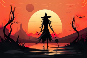 Naklejka premium Halloween Witch character with silhouette style made with generative ai technology