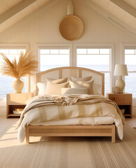 Coastal style interior design of modern bedroom.