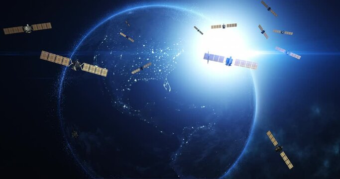 Satellites Flying Around Earth Providing High-Speed Internet and Telecommunication. Industry And Technology Related 3D Animation.