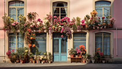 Fototapeta na wymiar Housing window decoration with flowers. AI generated