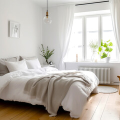 Obraz premium Scandinavian style interior design of modern bedroom.