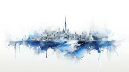 Deurstickers Aquarelschilderij wolkenkrabber  Poster abstract watercolor of the city. Sustainable development plan concept