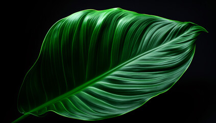 Closeup of a large leaf against light in black backgroung. Ai generated